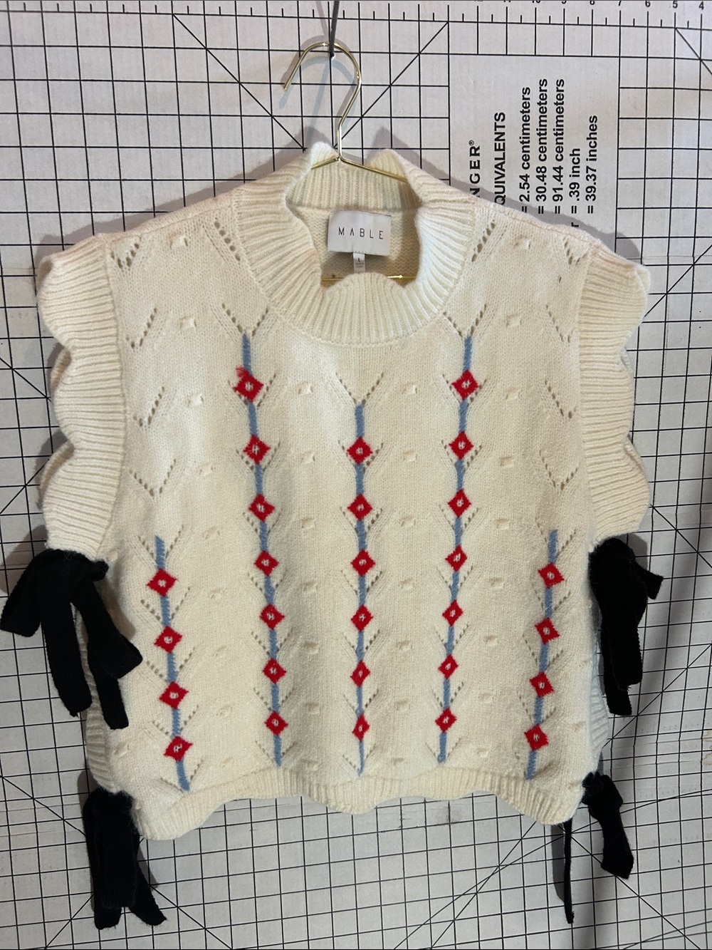 Mable Cream Sleeveless Knit Sweater Vest with Red & Blue Embroidery